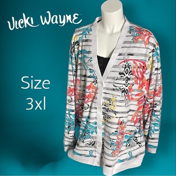VICKI Wayne Striped with Bright Contrast Ornate Pattern Knit Cardigan Size 3XL - Picture 1 of 8